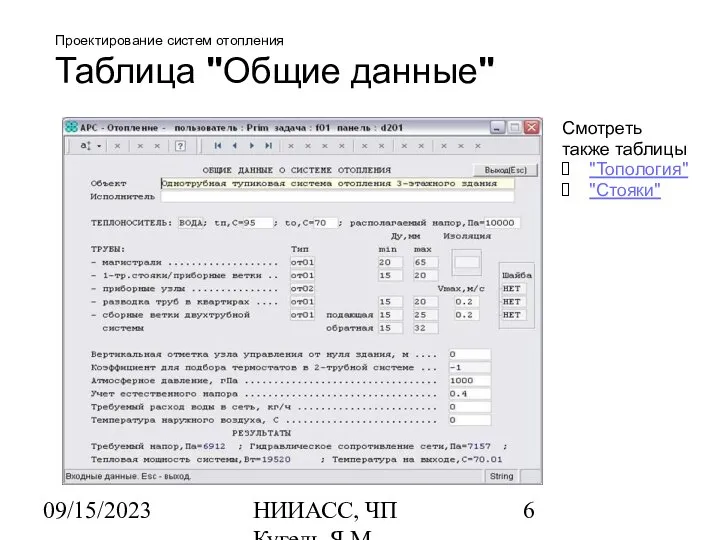 09/15/2023 НИИАСС, ЧП Кугель Я.М. Проектирование систем отопления Таблица "Общие данные" Смотреть также таблицы "Топология" "Стояки"