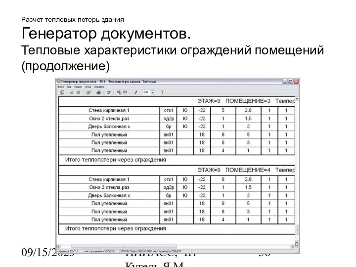 09/15/2023 НИИАСС, ЧП Кугель Я.М. Расчет тепловых потерь здания Генератор документов. Тепловые характеристики ограждений помещений (продолжение)