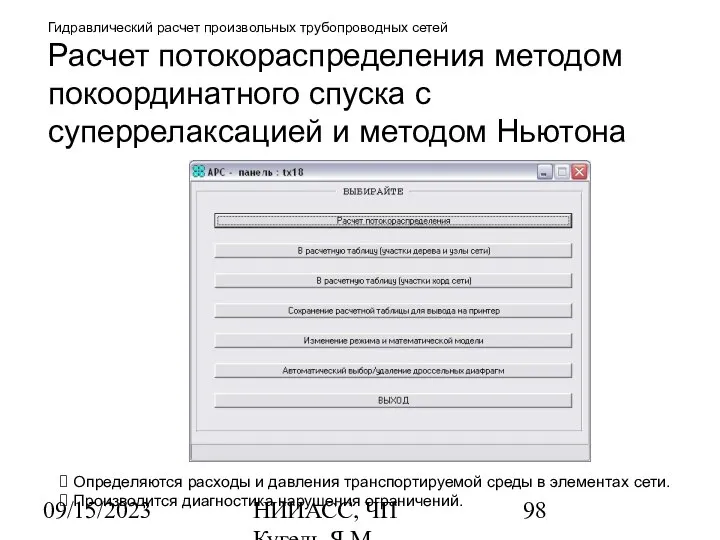 09/15/2023 НИИАСС, ЧП Кугель Я.М. Гидравлический расчет произвольных трубопроводных сетей Расчет