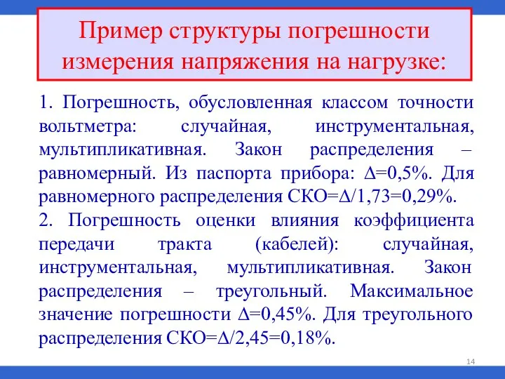 Пример структуры погрешности измерения напряжения на нагрузке: 1. Погрешность, обусловленная классом