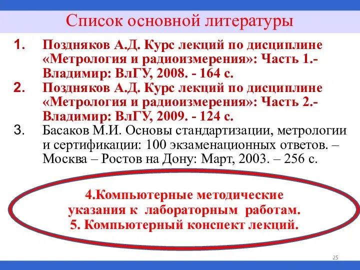 Список основной литературы Поздняков А.Д. Курс лекций по дисциплине «Метрология и