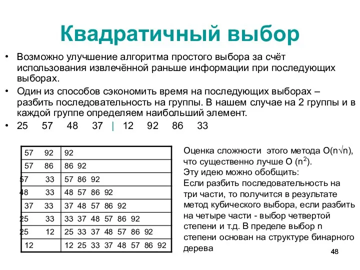 Квадратичный выбор Возможно улучшение алгоритма простого выбора за счёт использования извлечённой