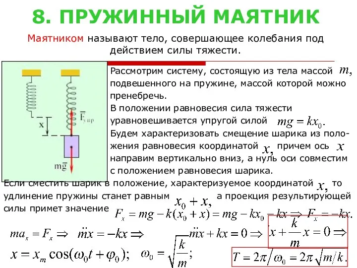 8. ПРУЖИННЫЙ МАЯТНИК Рассмотрим систему, состоящую из тела массой подвешенного на