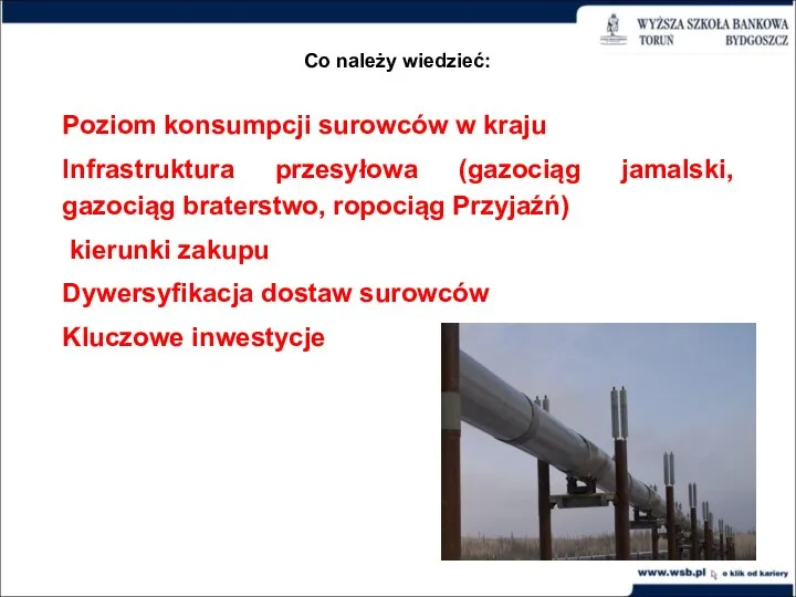 Co należy wiedzieć: Poziom konsumpcji surowców w kraju Infrastruktura przesyłowa (gazociąg