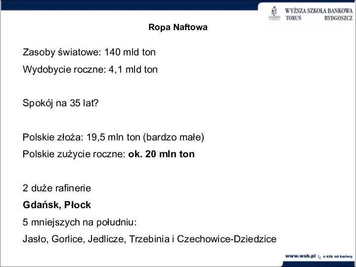 Ropa Naftowa Zasoby światowe: 140 mld ton Wydobycie roczne: 4,1 mld