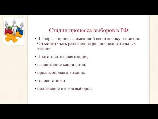 Стадии процесса выборов в РФ Выборы – процесс, имеющий свою логику