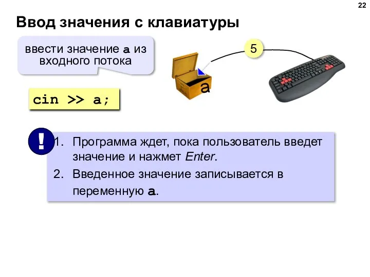 Ввод значения с клавиатуры 5 a cin >> a; ввести значение a из входного потока