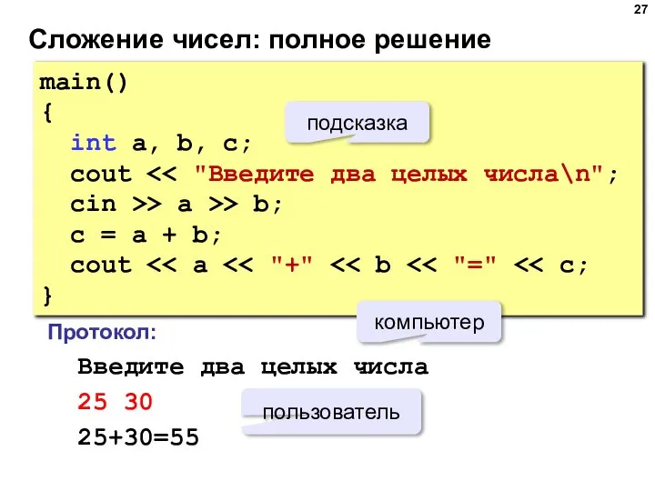 Сложение чисел: полное решение main() { int a, b, c; cout