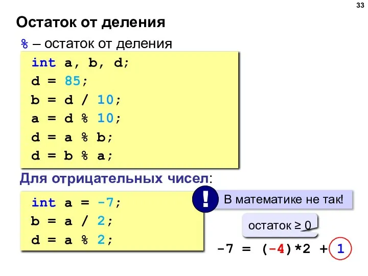 Остаток от деления % – остаток от деления int a, b,