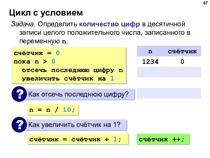 Цикл с условием Задача. Определить количество цифр в десятичной записи целого