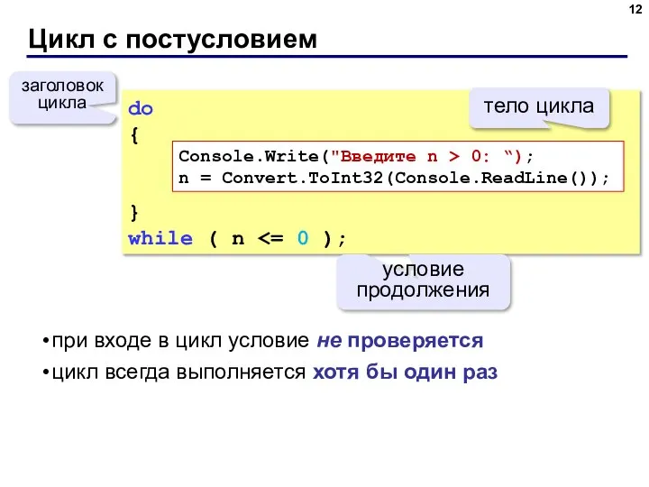 Цикл с постусловием do { } while ( n условие продолжения