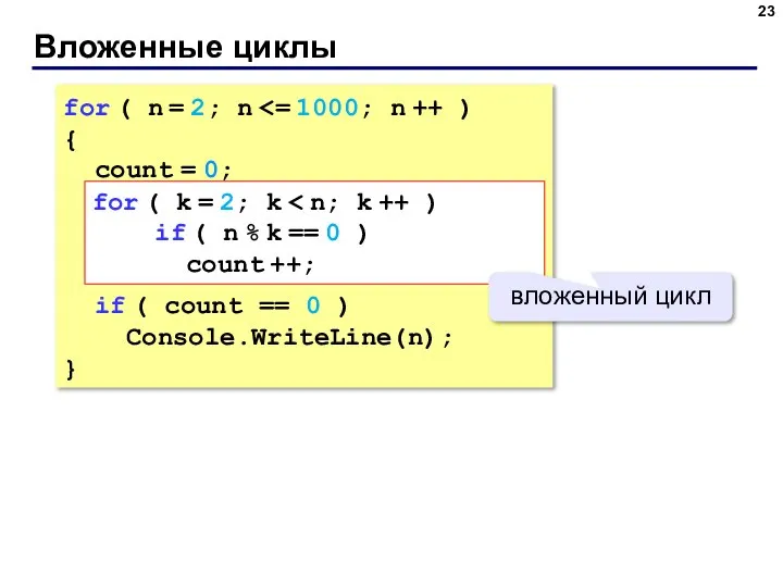 Вложенные циклы for ( n = 2; n { count =