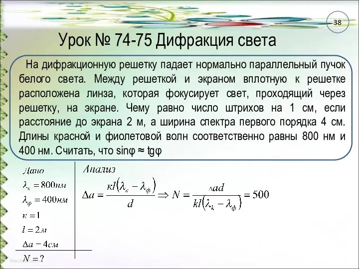 Урок № 74-75 Дифракция света На дифракционную решетку падает нормально параллельный