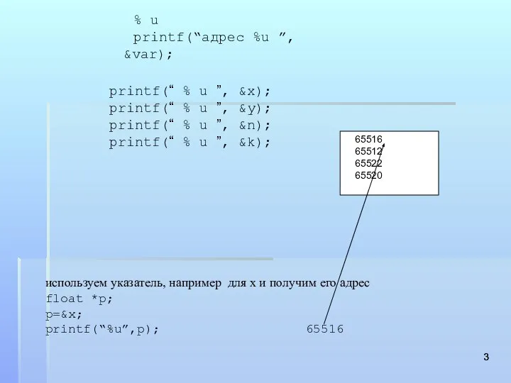 65516 65512 65522 65520 % u printf(“адрес %u ”, &var); printf(“