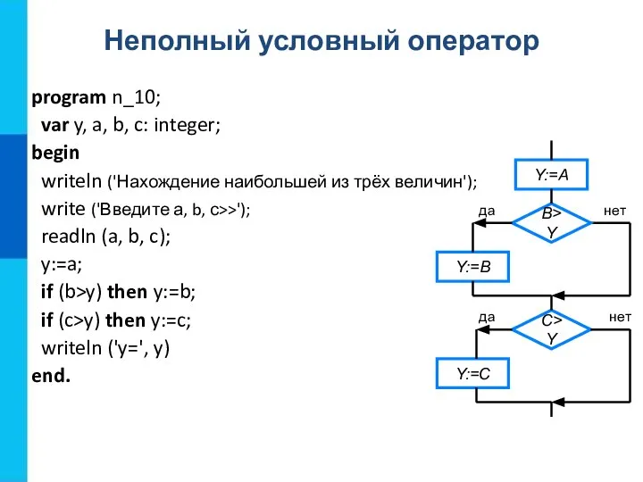 Неполный условный оператор program n_10; var y, a, b, c: integer;