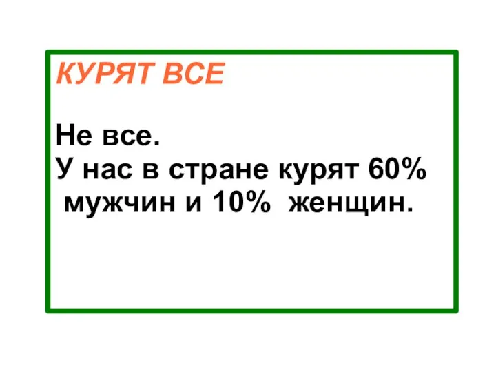 КУРЯТ ВСЕ Не все. У нас в стране курят 60% мужчин и 10% женщин.