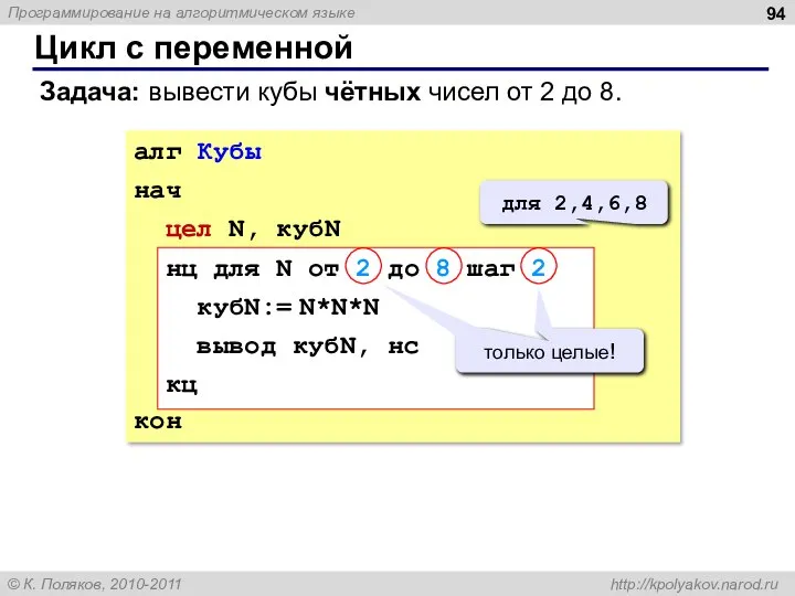 Цикл с переменной Задача: вывести кубы чётных чисел от 2 до