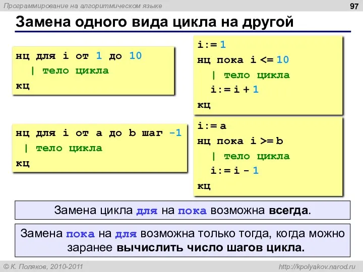 Замена одного вида цикла на другой нц для i от 1