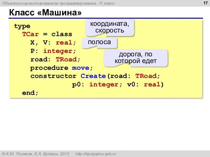 Класс «Машина» type TCar = class X, V: real; P: integer;