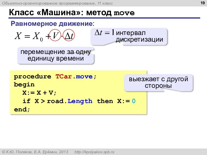 Класс «Машина»: метод move procedure TCar.move; begin X:= X + V;