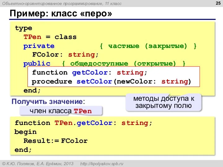 Пример: класс «перо» type TPen = class private { частные (закрытые)