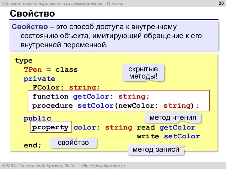 Свойство Свойство – это способ доступа к внутреннему состоянию объекта, имитирующий