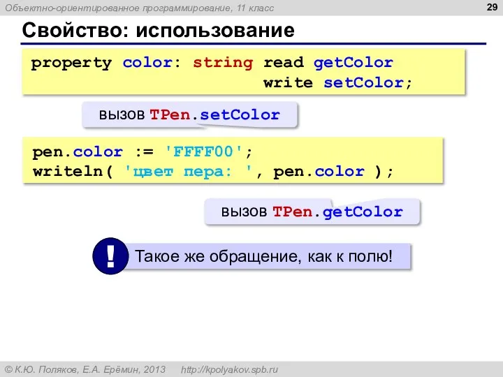 Свойство: использование pen.сolor := 'FFFF00'; writeln( 'цвет пера: ', pen.color );