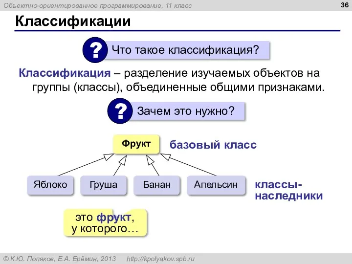 Классификации Классификация – разделение изучаемых объектов на группы (классы), объединенные общими