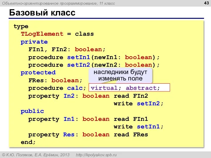 Базовый класс type TLogElement = class private FIn1, FIn2: boolean; procedure