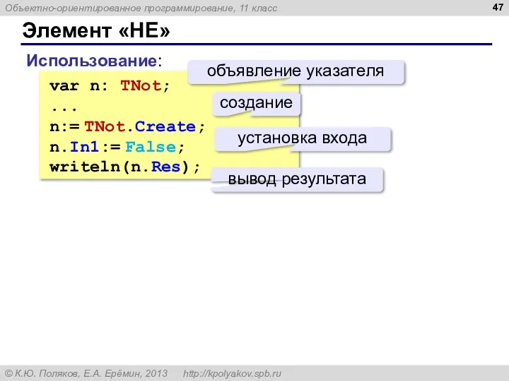 Элемент «НЕ» var n: TNot; ... n:= TNot.Create; n.In1:= False; writeln(n.Res);