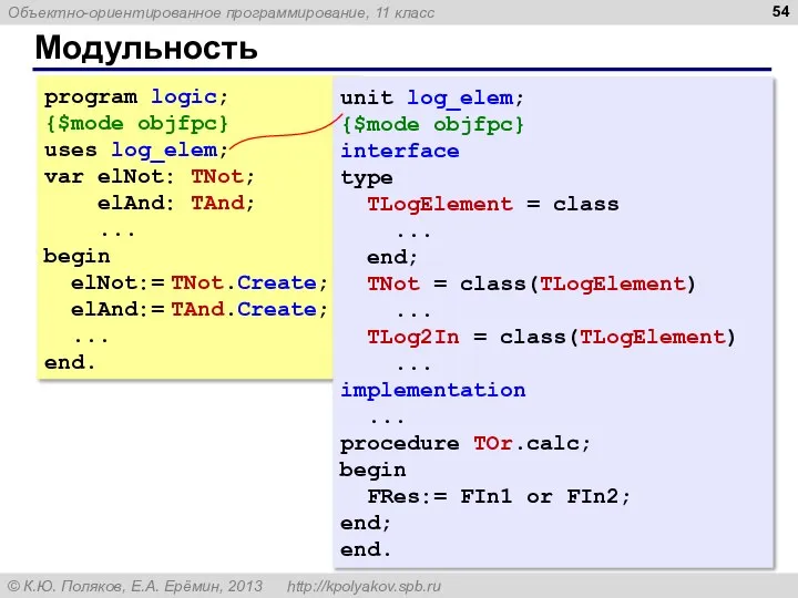 Модульность program logic; {$mode objfpc} uses log_elem; var elNot: TNot; elAnd: