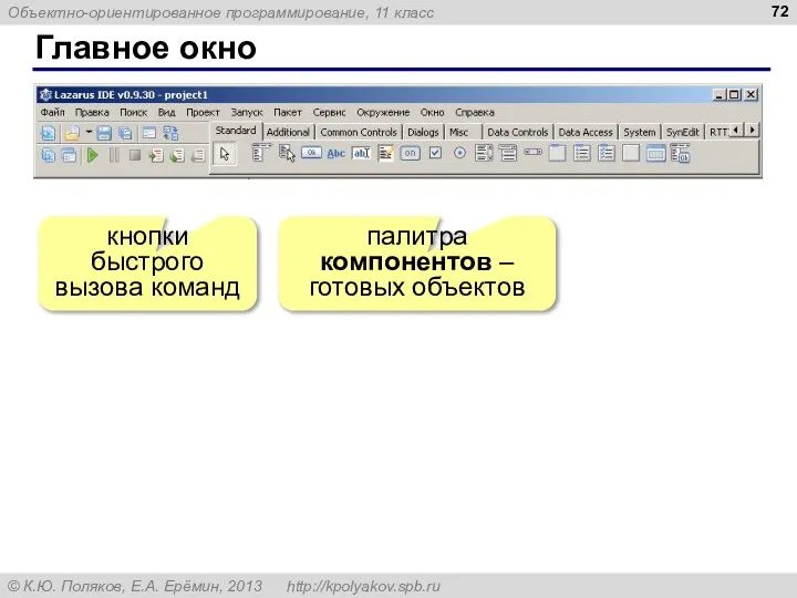 Главное окно кнопки быстрого вызова команд палитра компонентов – готовых объектов