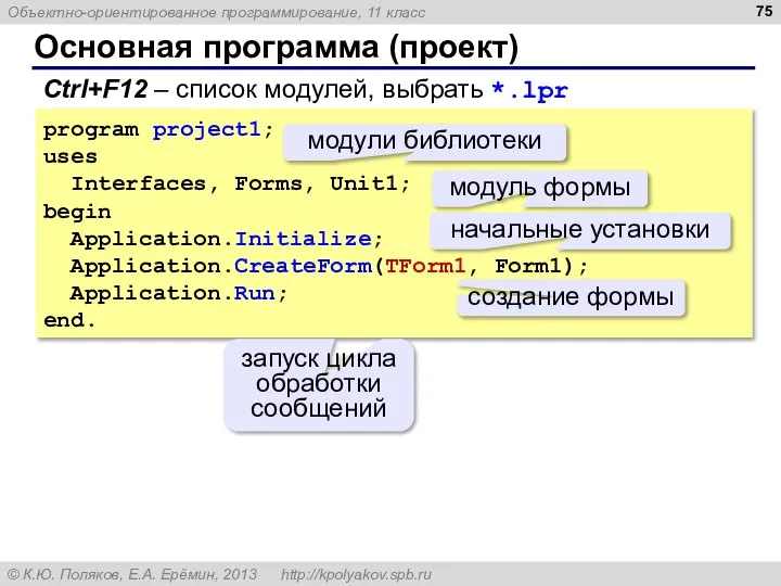 Основная программа (проект) Ctrl+F12 – список модулей, выбрать *.lpr program project1;