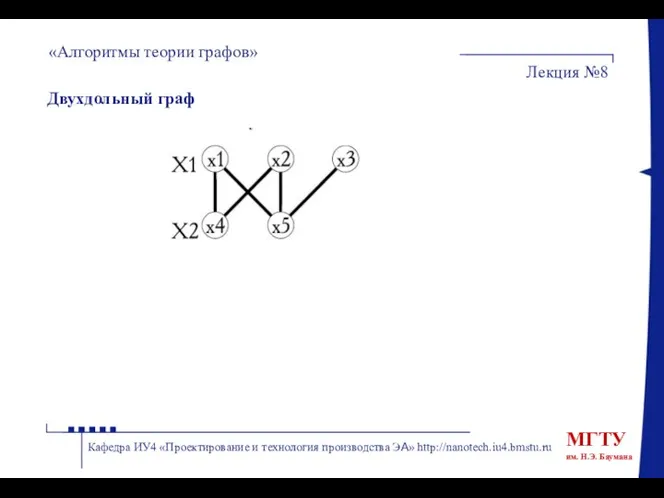 Двухдольный граф «Алгоритмы теории графов» Лекция №8 Кафедра ИУ4 «Проектирование и технология производства ЭА» http://nanotech.iu4.bmstu.ru