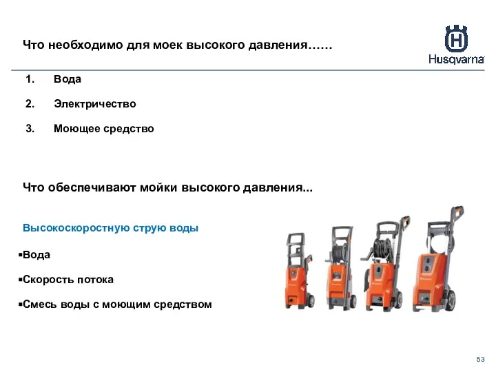 Что необходимо для моек высокого давления…… Вода Электричество Моющее средство Что