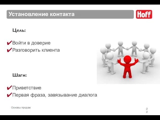 Установление контакта Цель: Войти в доверие Разговорить клиента Шаги: Приветствие Первая фраза, завязывание диалога Основы продаж