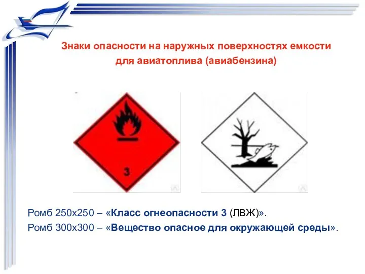 Ромб 250х250 – «Класс огнеопасности 3 (ЛВЖ)». Ромб 300х300 – «Вещество