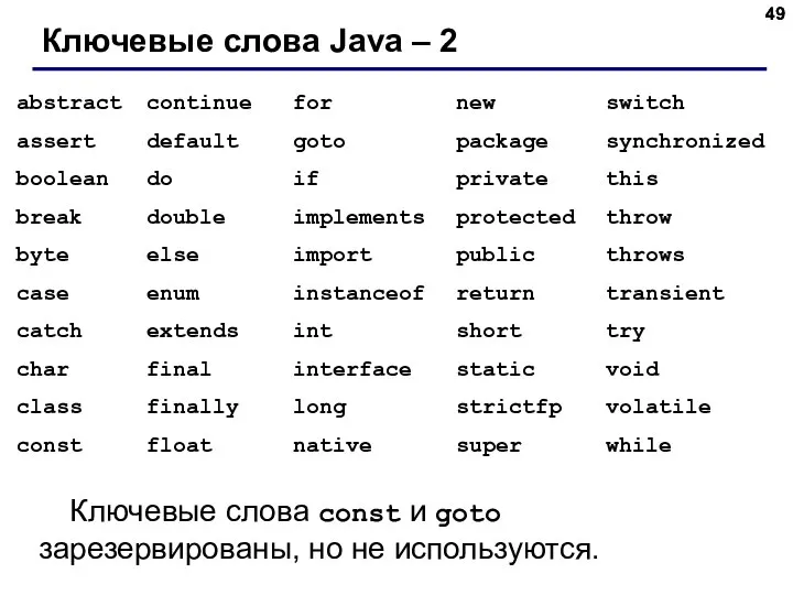 Ключевые слова Java – 2 Ключевые слова const и goto зарезервированы, но не используются.
