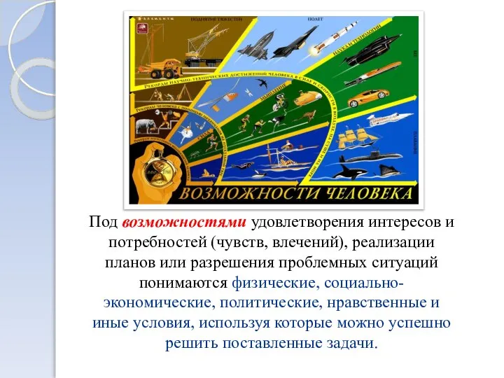 Под возможностями удовлетворения интересов и потребностей (чувств, влечений), реализации планов или