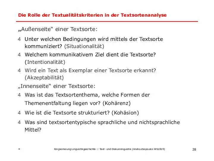 Die Rolle der Textualitätskriterien in der Textsortenanalyse „Außenseite“ einer Textsorte: Unter