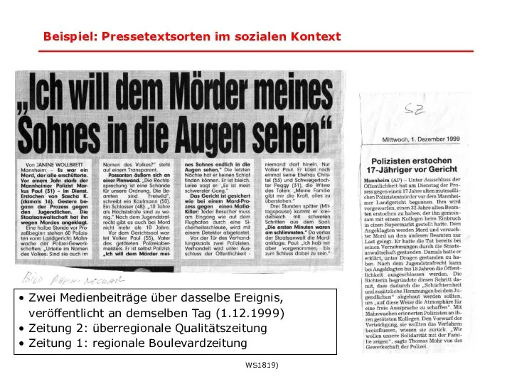 * Ringvorlesung Linguistikgeschichte :: Text- und Diskurslinguistik (Androutsopoulos WS1819) Beispiel: Pressetextsorten