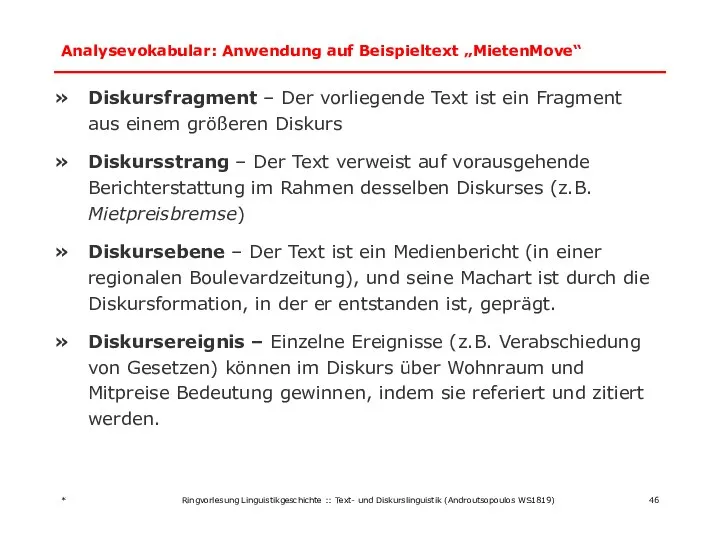 Analysevokabular: Anwendung auf Beispieltext „MietenMove“ Diskursfragment – Der vorliegende Text ist