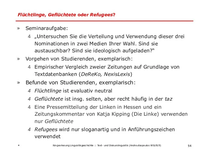 Flüchtlinge, Geflüchtete oder Refugees? Seminaraufgabe: „Untersuchen Sie die Verteilung und Verwendung