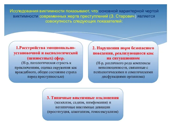 Исследования виктимности показывают, что основной характерной чертой виктимности современных жертв преступлений