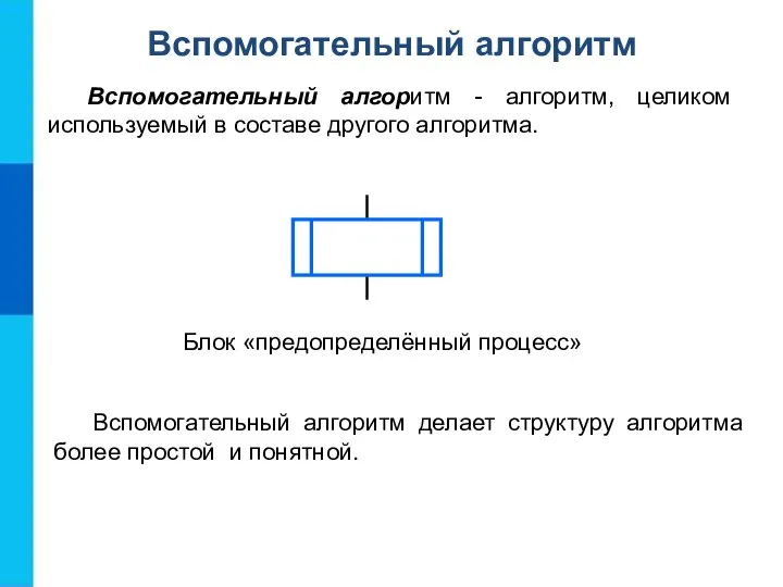 Вспомогательный алгоритм Вспомогательный алгоритм - алгоритм, целиком используемый в составе другого