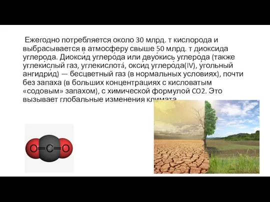 Ежегодно потребляется около 30 млрд. т кислорода и выбрасывается в атмосферу