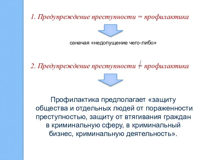 1. Предупреждение преступности = профилактика означая «недопущение чего-либо» 2. Предупреждение преступности