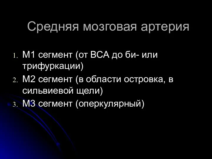 Средняя мозговая артерия М1 сегмент (от ВСА до би- или трифуркации)