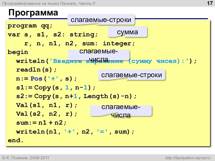 Программа program qq; var s, s1, s2: string; r, n, n1,