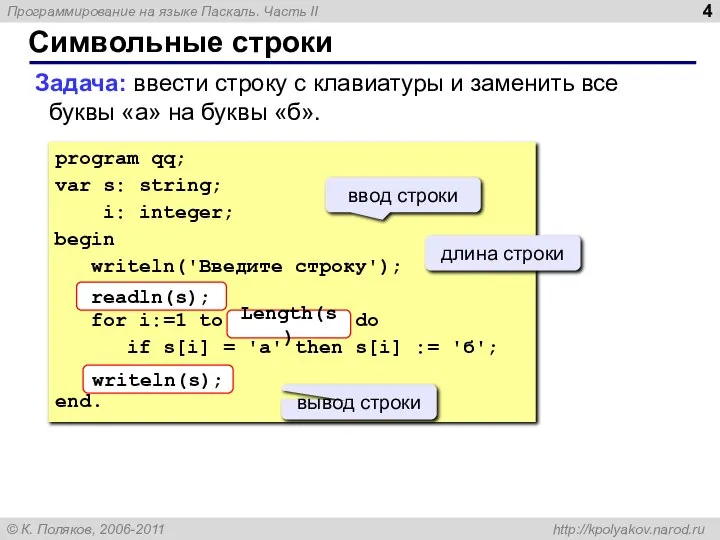Символьные строки Задача: ввести строку с клавиатуры и заменить все буквы
